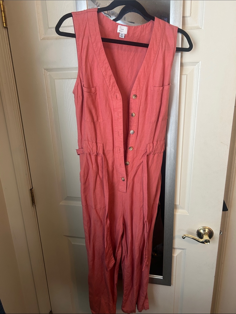 Sleeveless Coral Utility Jumpsuit with Button Front and belted